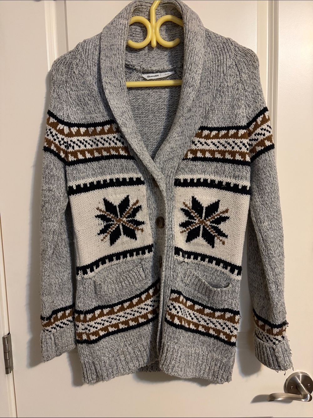 Bluenotes Gray Shawl Collar Cardigan with Brown & Black Pattern
